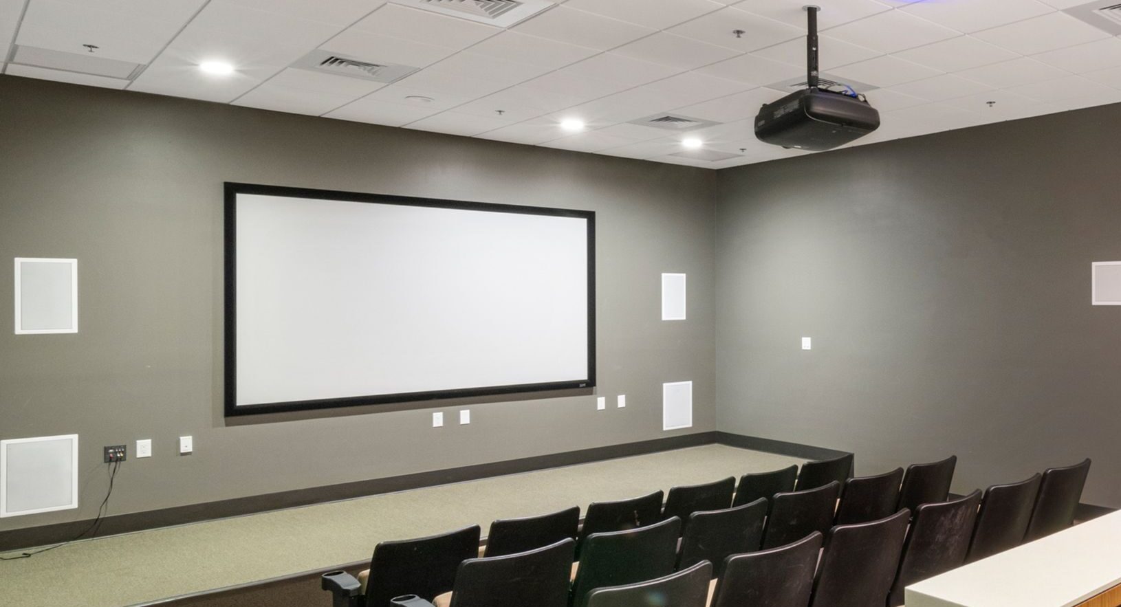 Spacious and modern empty cinema room with rows of comfortable chairs and a large screen.